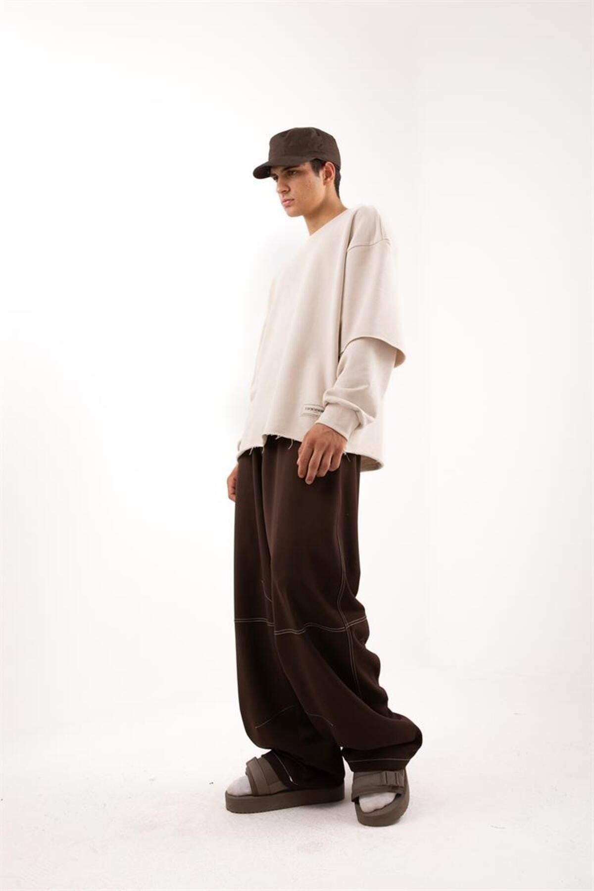 Effective Stitching Detailed Skater Fit Brown Fabric Pants Flaw-015-002-040