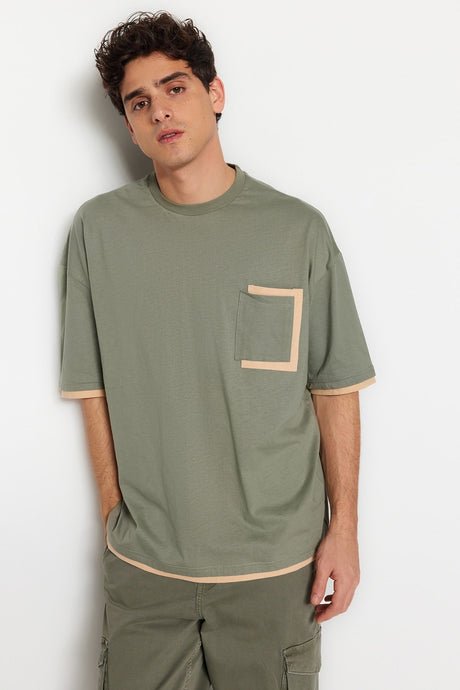 Khaki Men's Oversize/wide Cut Crew Neck Contrast Detailed T-shirt Tmnss22ts0527