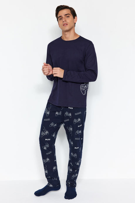 Men's Navy Regular Fit Printed Knitted Sleepwear Set Tmnaw24pt00012