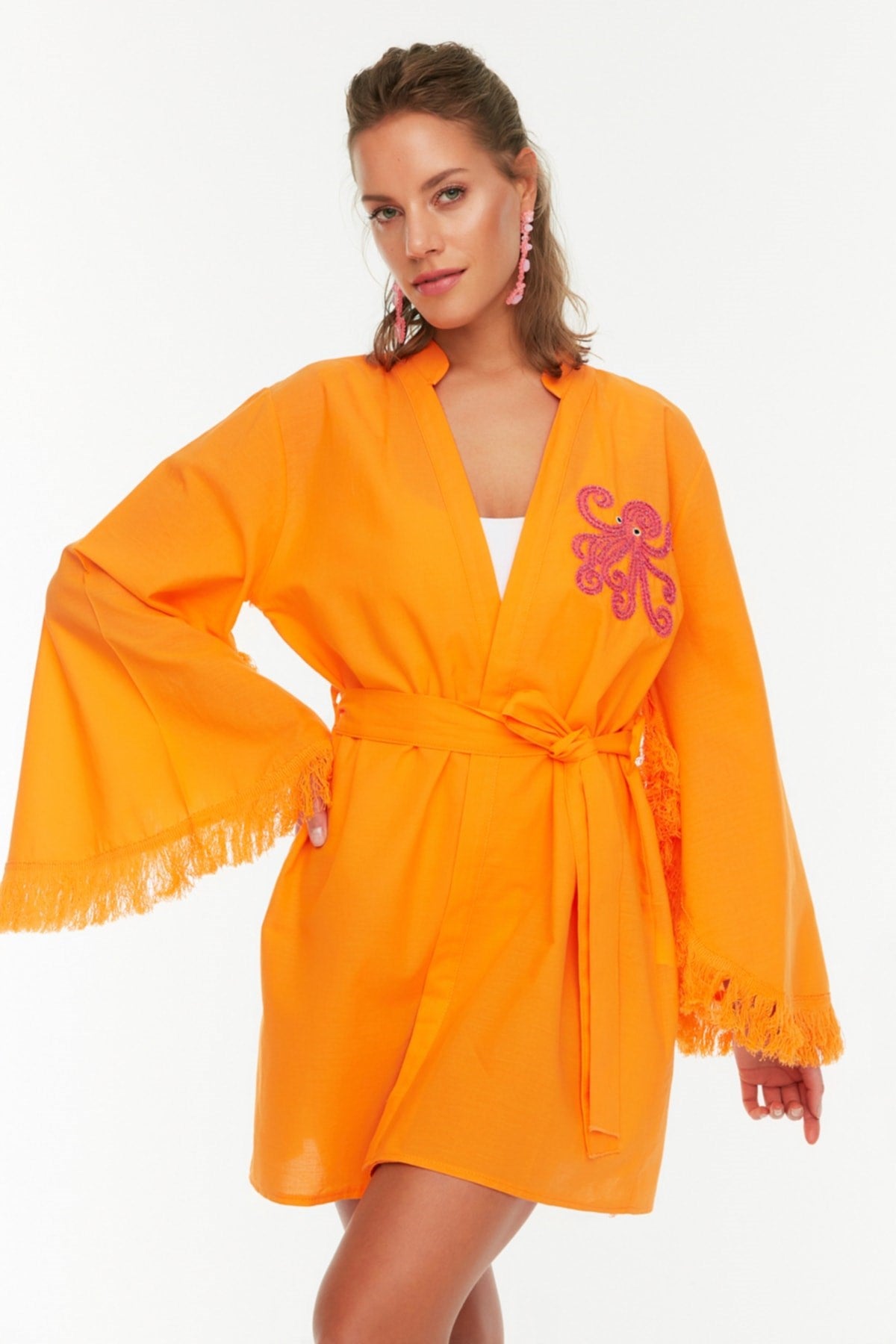 Orange Embroidery Detailed Beach Kimono&beach Kaftan Tbess22km0045