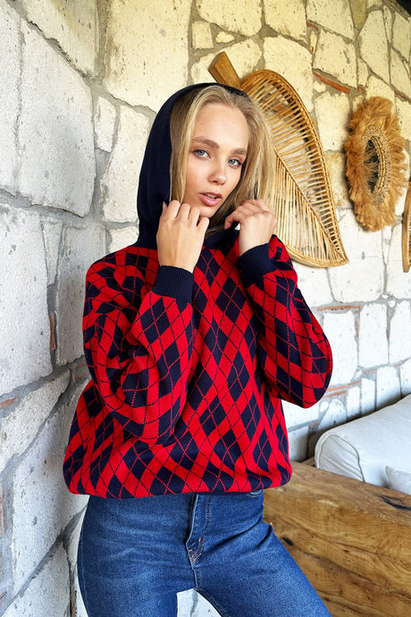 Women's Red Patterned Hooded Knitwear Thick Sweater Alc-x10926