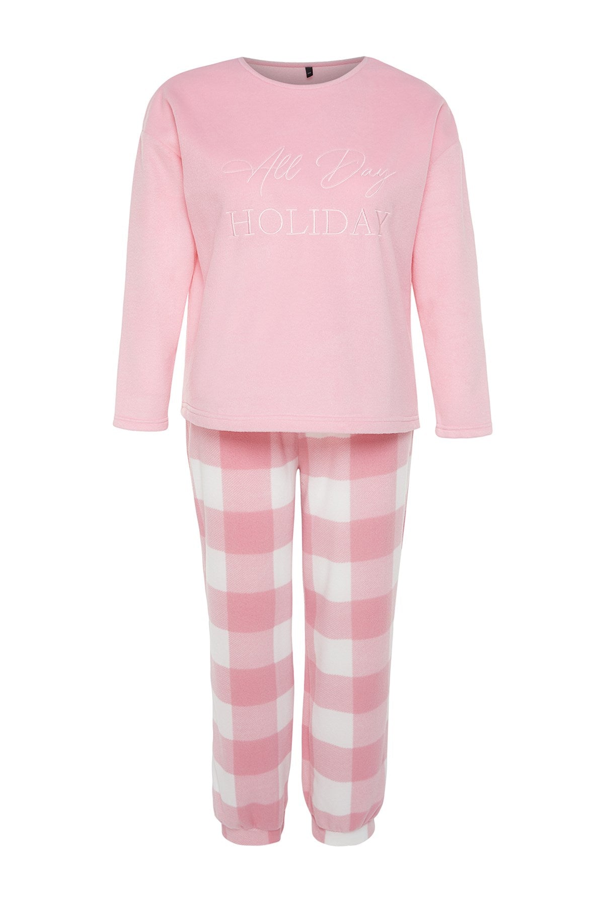 Pink Embroidery Detailed Plaid/checkered Fleece Knitted Sleepwear Set Tbbaw24ai00015