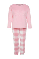 Pink Embroidery Detailed Plaid/checkered Fleece Knitted Sleepwear Set Tbbaw24ai00015