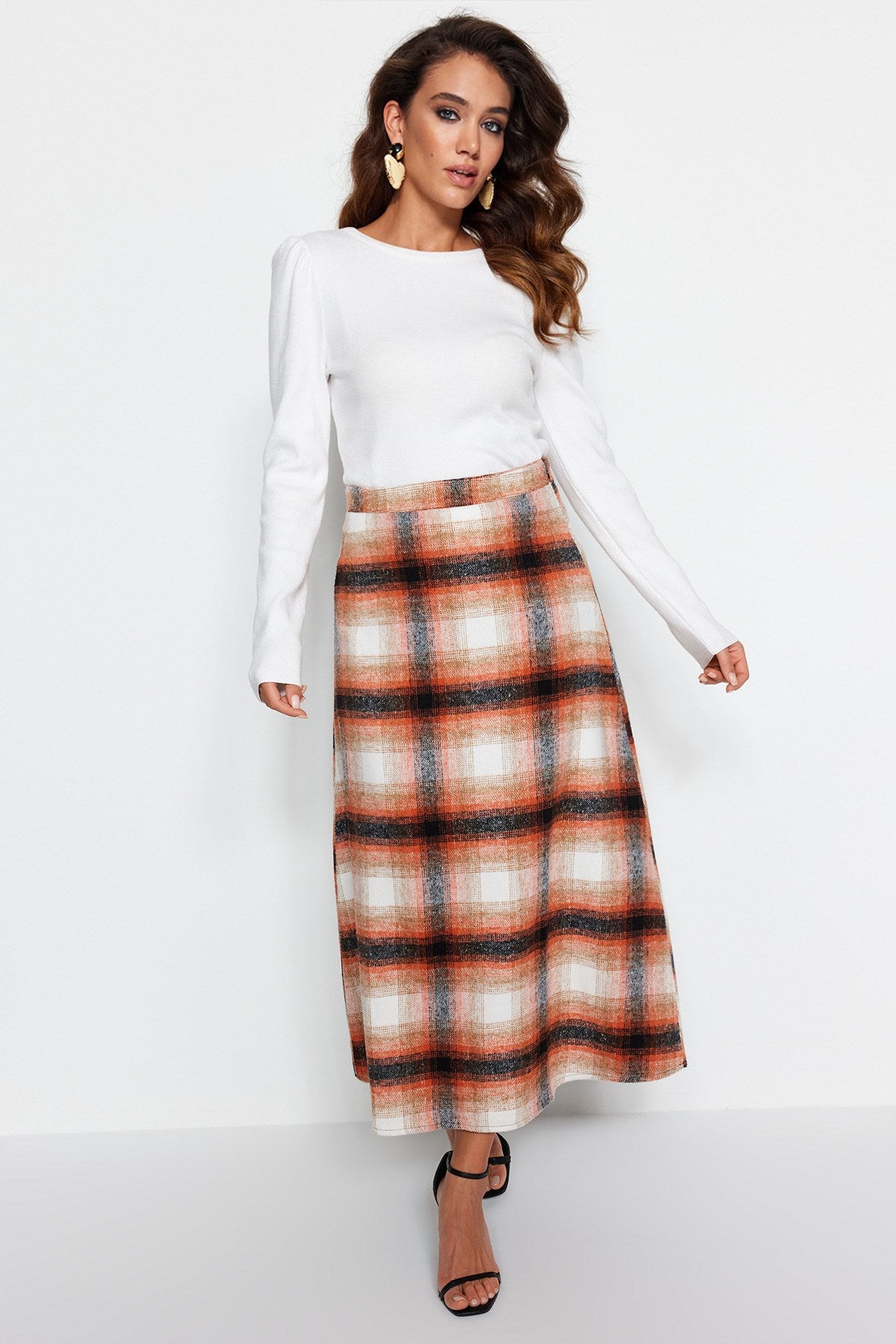 Orange Plaid Winter Skirt Tctaw22ee0006