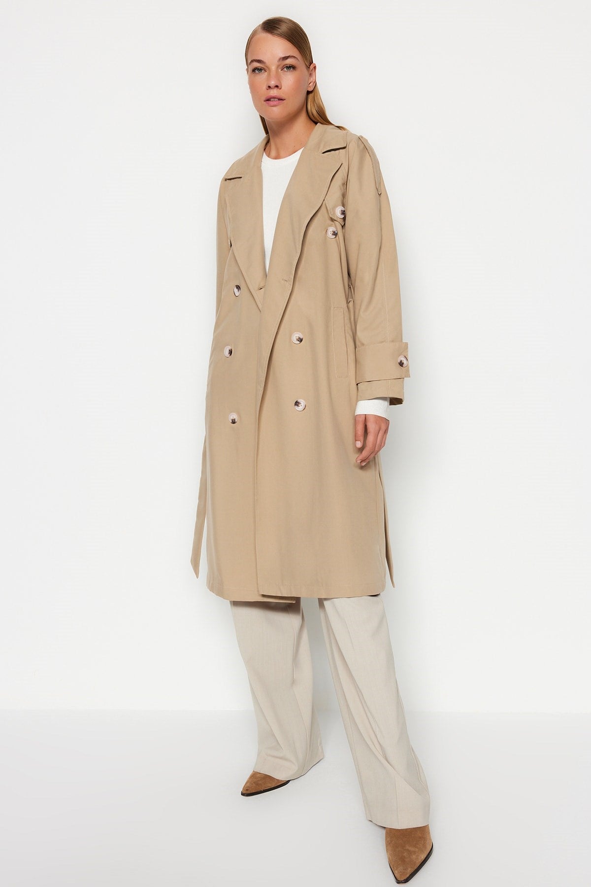 Dark Beige Belted Button Detailed Trench Coat Tctaw24cl00006