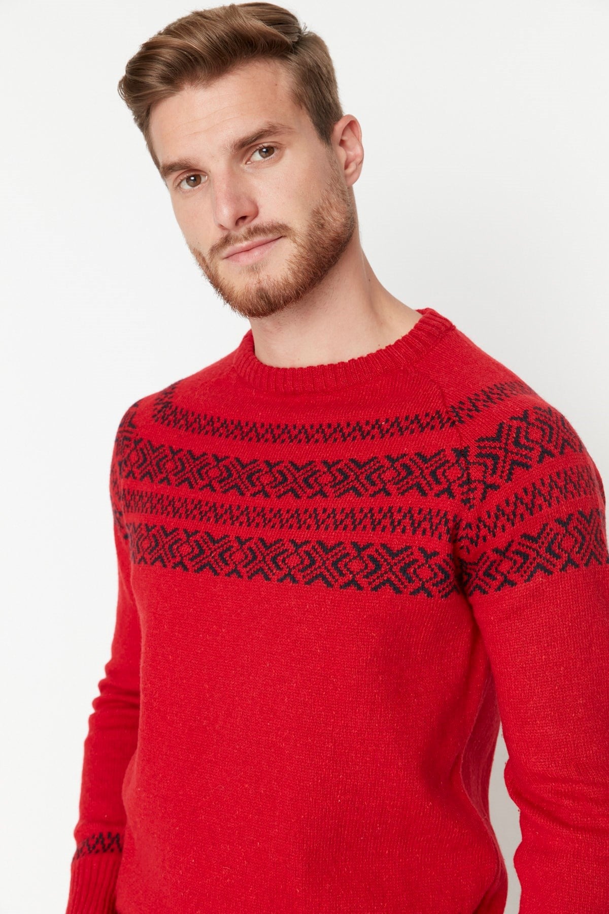 Red Mens Slim Fit Crew Neck Jacquard Knitwear Sweater Tmnaw23kz00012