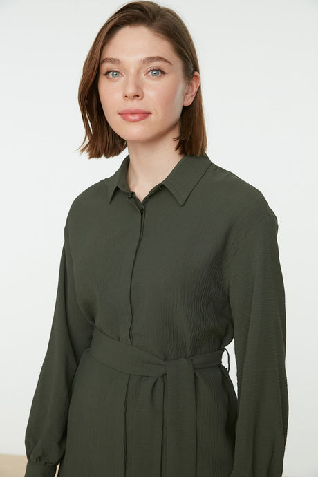 Green Belted Hidden Pat Woven Shirt Tctss21tn0049