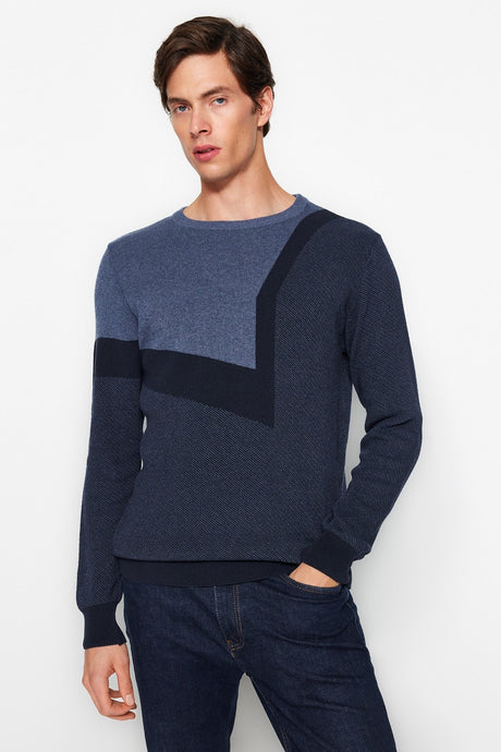 Indigo Mens Slim Fit Crew Neck Color Block Knitwear Sweater Tmnaw24kz00024