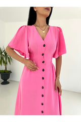 Pink Sleeves Ruffled Waist Elastic Dress 55781