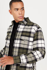 Men's Khaki-ecru Oversize Loose Cut Buttoned Collar Plaid Pattern Lumberjack Winter Shirt Jacket 4a2