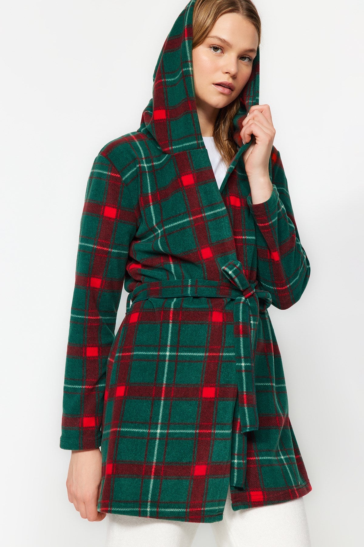 Green Plaid Pattern Hooded Fleece Knitted Dressing Gown Thmaw24sb00020