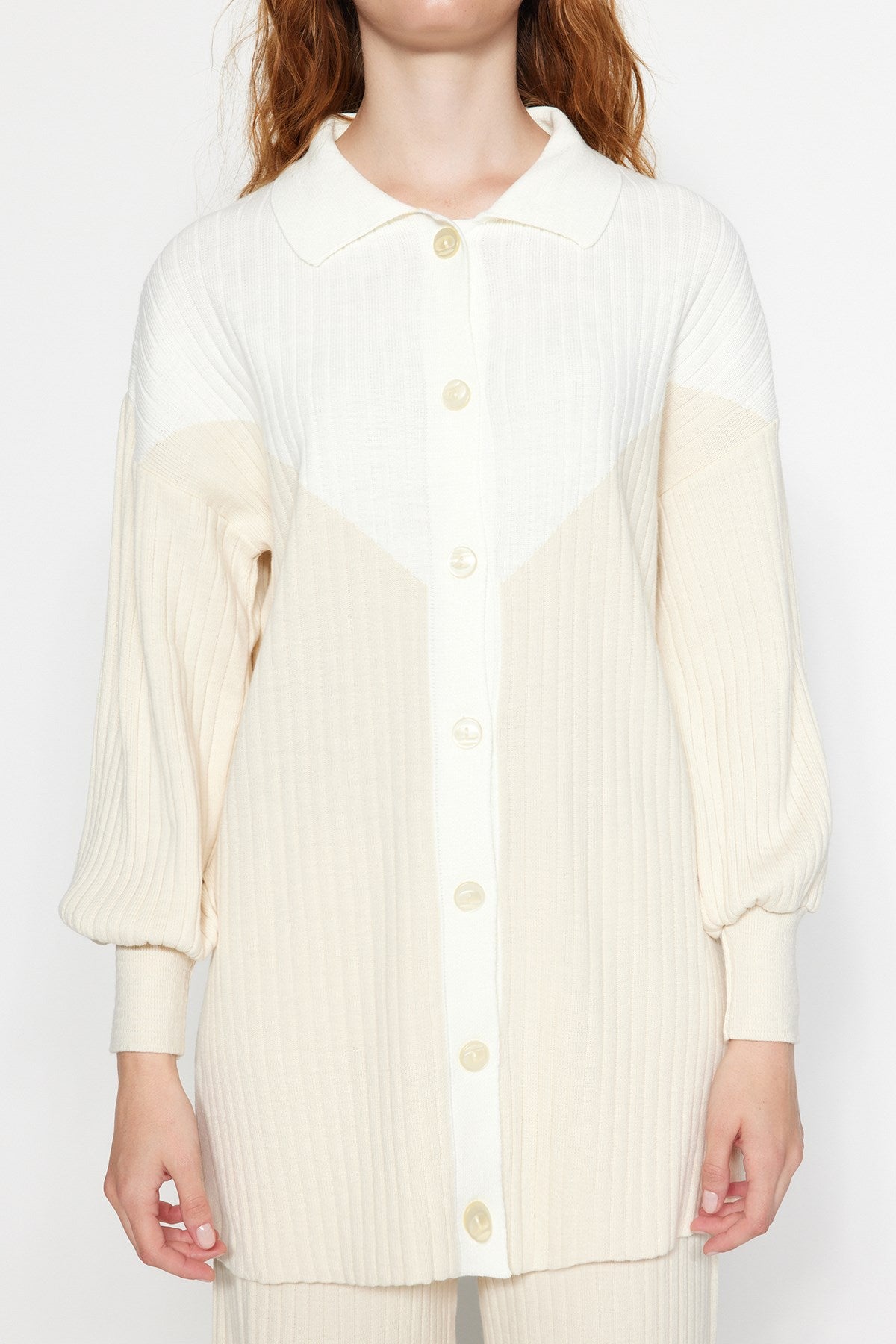 Light Beige Color Block Ribbed Cardigan-pants Knitwear Bottom-top Suit Tctaw24us00090