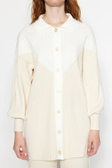 Light Beige Color Block Ribbed Cardigan-pants Knitwear Bottom-top Suit Tctaw24us00090