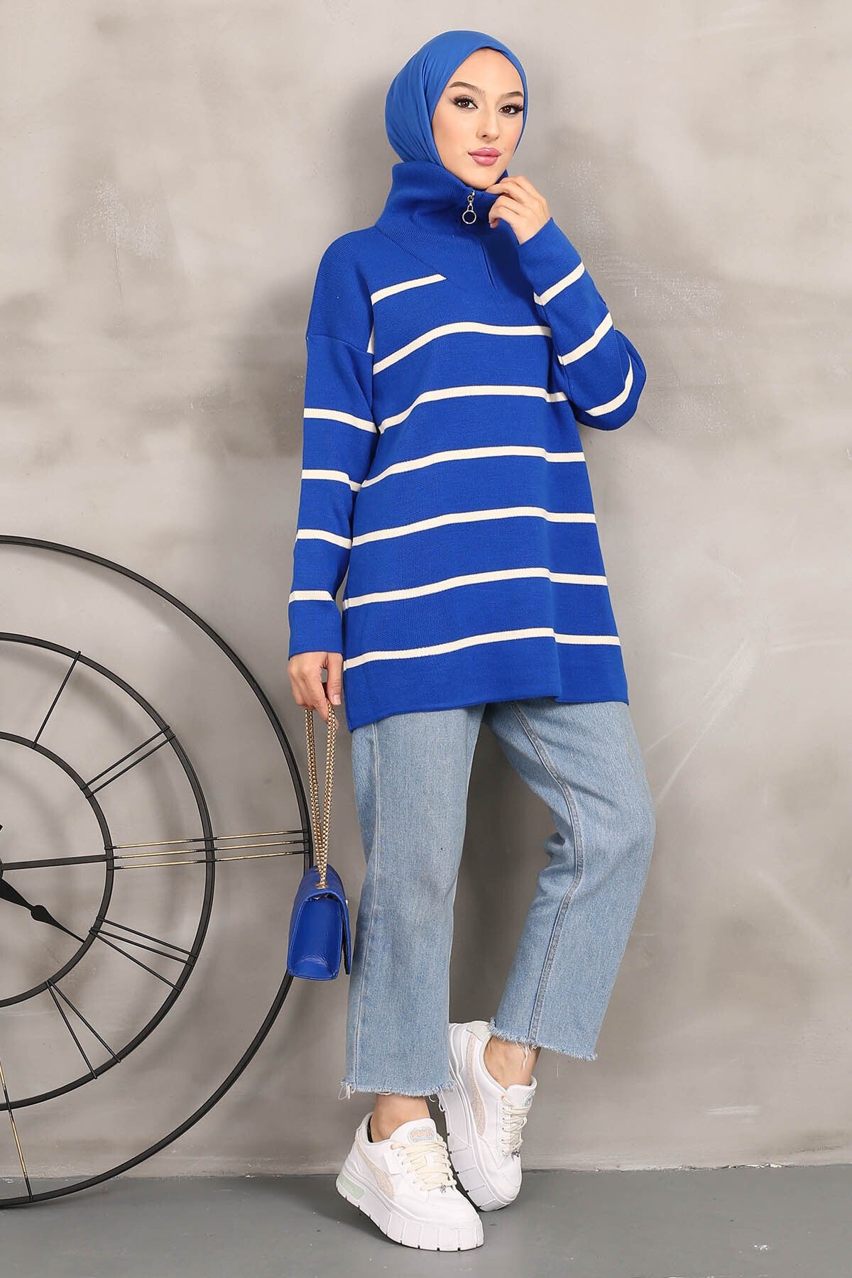 Green Collar Zipper Striped Knitwear Tunic Imj002233