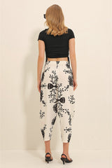 Women's Black Patterned Loose Fit Linen Pants Alc-x11343