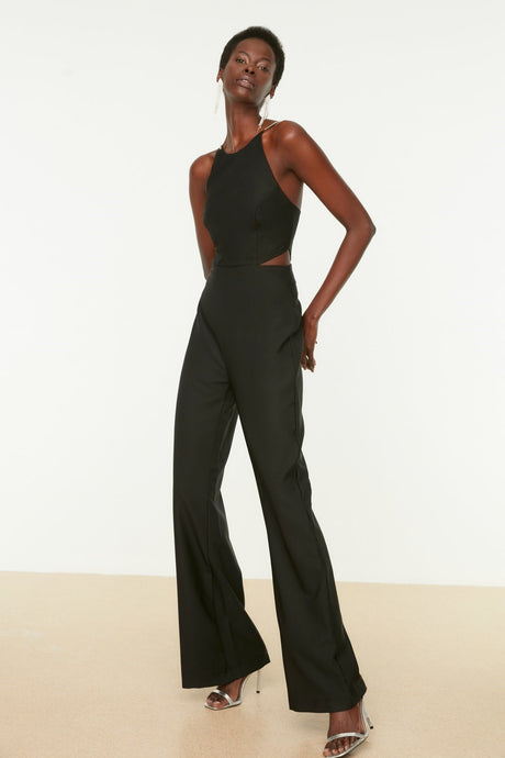 Black Waist Detailed Stone Strap Jumpsuit Tprss21tu0132