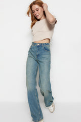 Blue Pale Effect Vintage High Waist Wide Leg Jeans Twoss23je00166