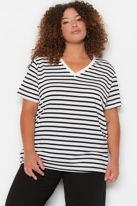 Black And White Striped Basic Knitted V Neck T-shirt Tbbss23bf00016