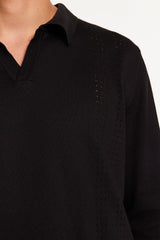 Men's Black Regular Fit Polo Neck Openwork And Line Detailed Cotton Knitwear Sweater Tmnaw24kz00068