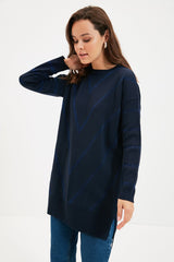 Navy Blue Silvery Long Knitwear Sweater Tctaw22ak0129