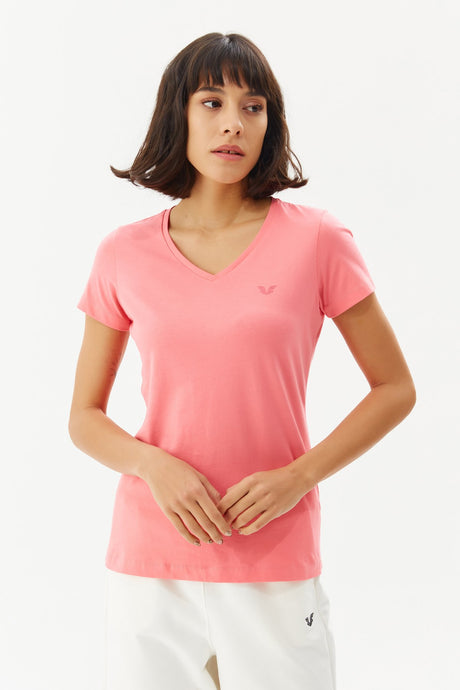 Women's Pink V Neck Basic 100% Cotton Casual And Sports Solid Color Short Sleeve T-shirt 8087 Tb20wl