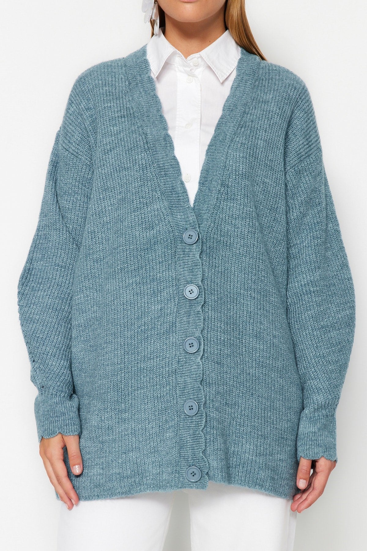 Blue V Neck Knitwear Cardigan Tctaw24th00007