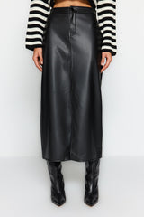 Black Slit Faux Leather High Waist Maxi Knitted Skirt Twoaw24et00198