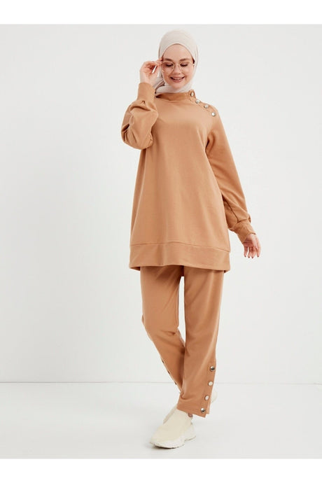 Shoulder And Trousers Leg Button Detail Tunic & Trousers Double Set - Biscuit - 8484566