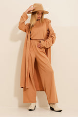 Women's Biscuit Shoulder Wadded Crew Neck Blouse Pants & Cardigan Set Suit Alc-x4710