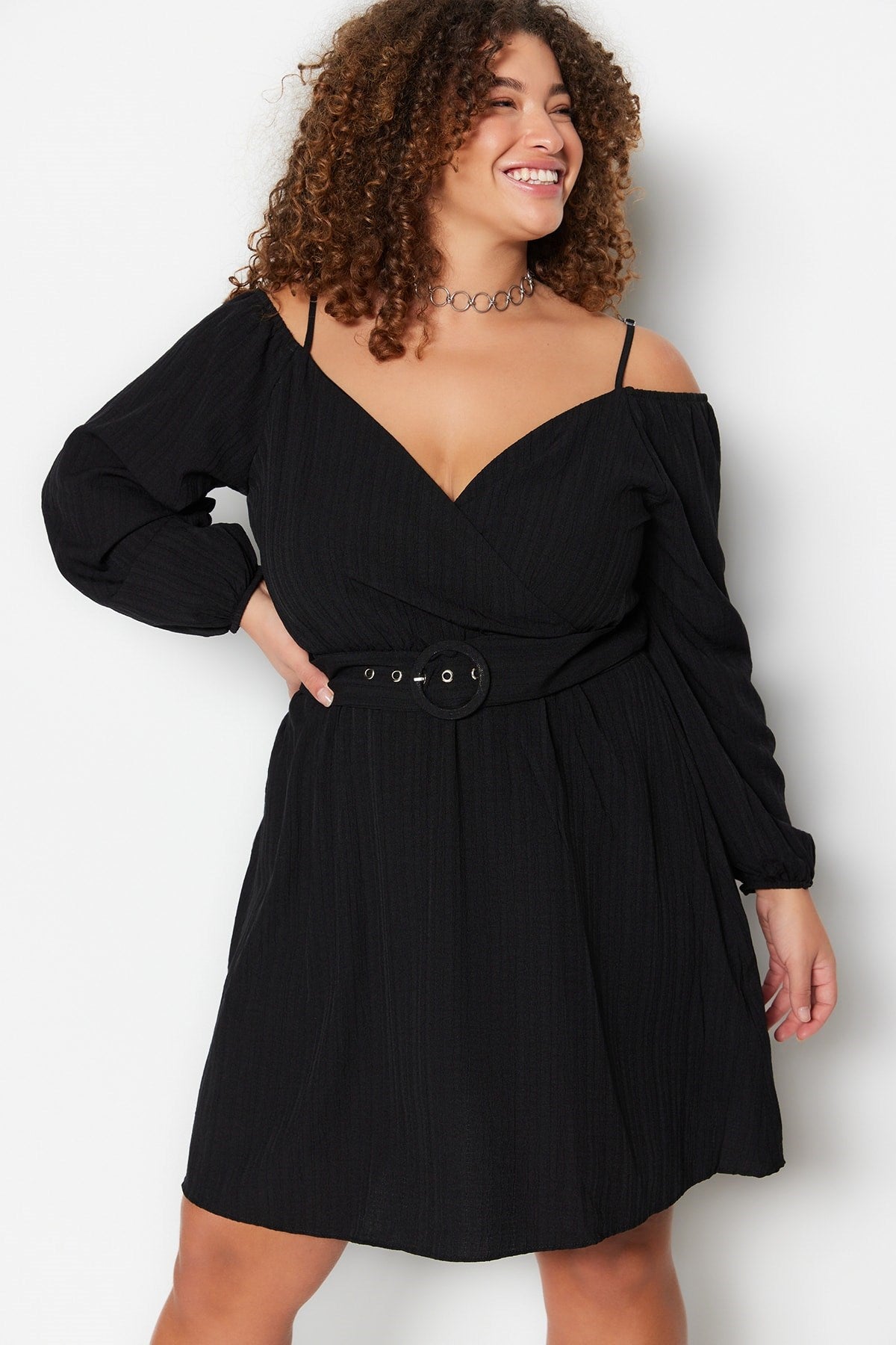 Black Belted Woven Double Neck Dress Tbbss23ah00206