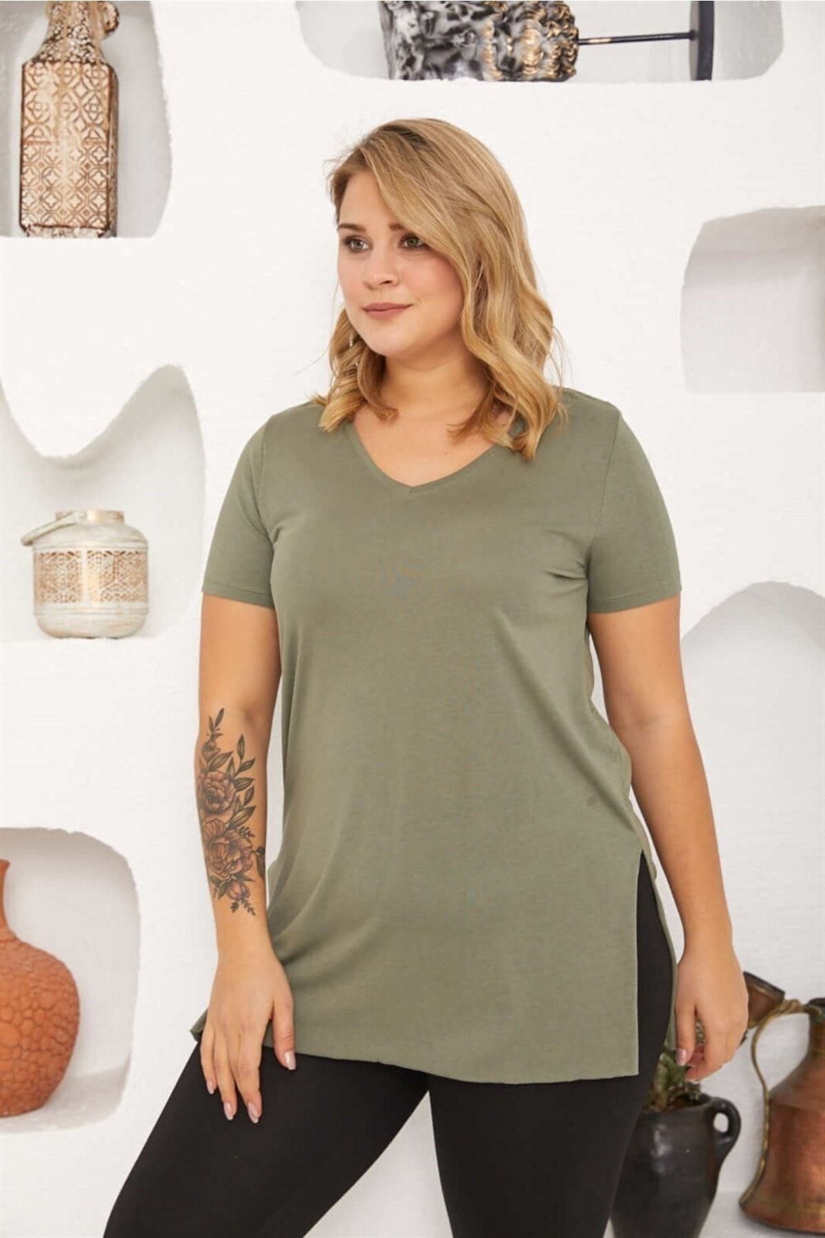 V-neck Slit Basic Tshirt-khaki Sea-ts2105