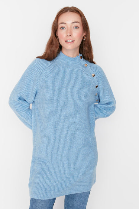 Light Blue Solid Collar Buttoned Knitwear Sweater Tctaw23ak00011