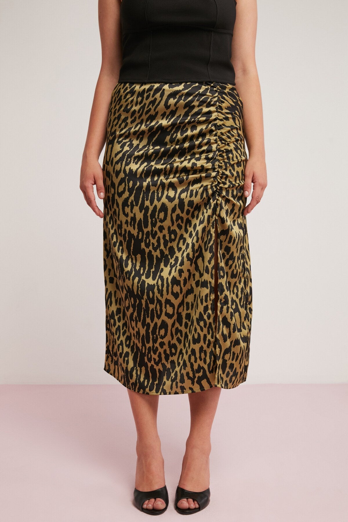 Jena Women Plus Size Bubble Satin Look Drape Detailed Slit Midi Leopard Print Dress Jena01072023