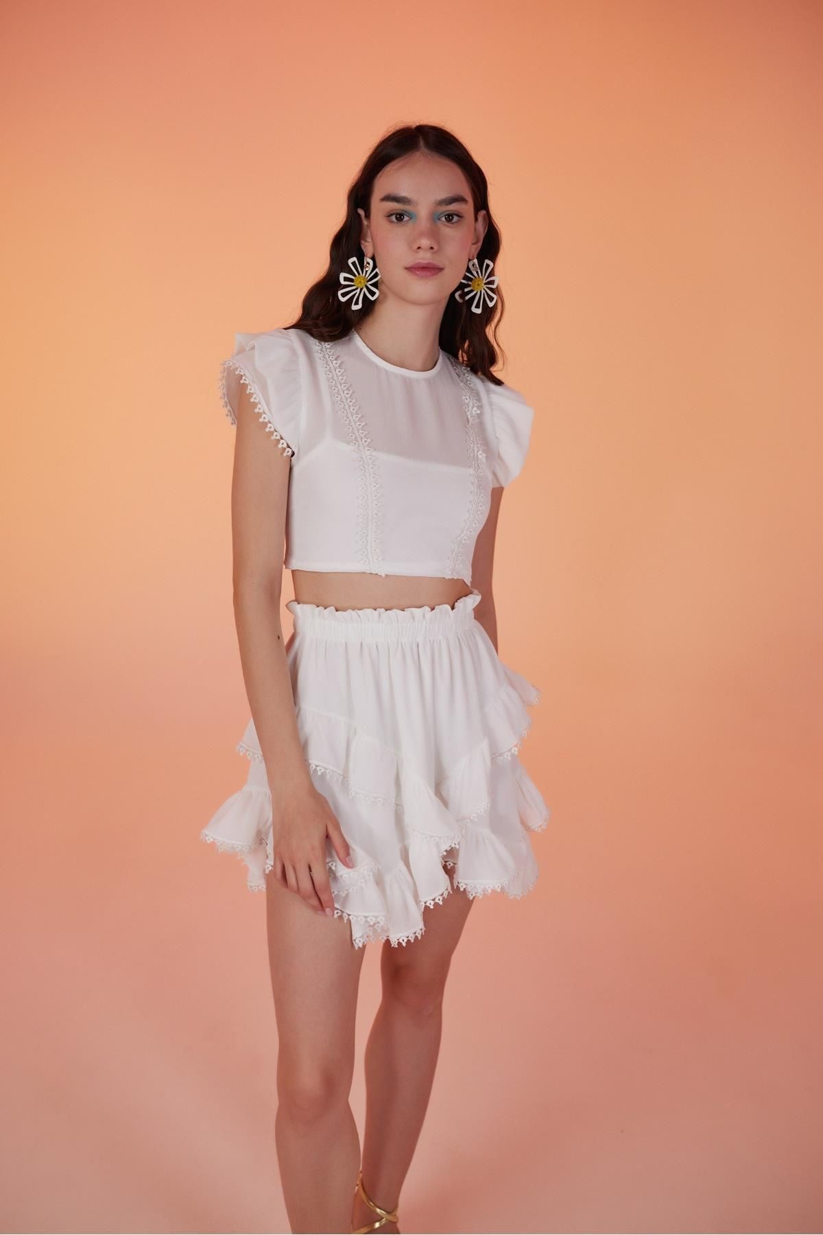 Embroidered Detailed Asymmetric Cut Lined Mini Pixie Skirt White Hlpixieetekwhite