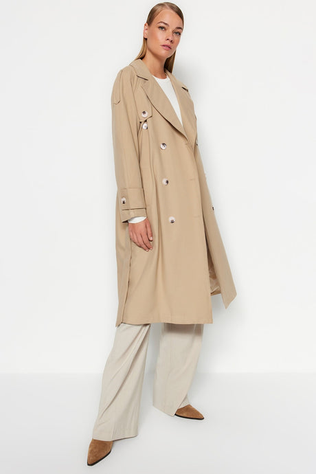 Dark Beige Belted Button Detailed Trench Coat Tctaw24cl00006