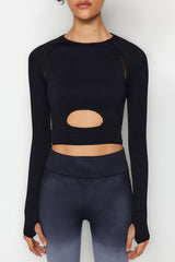 Black Seamless/seamless Crop Thumb Hole And Window/cut Out Detailed Sports Blouse Thmaw24bz00019