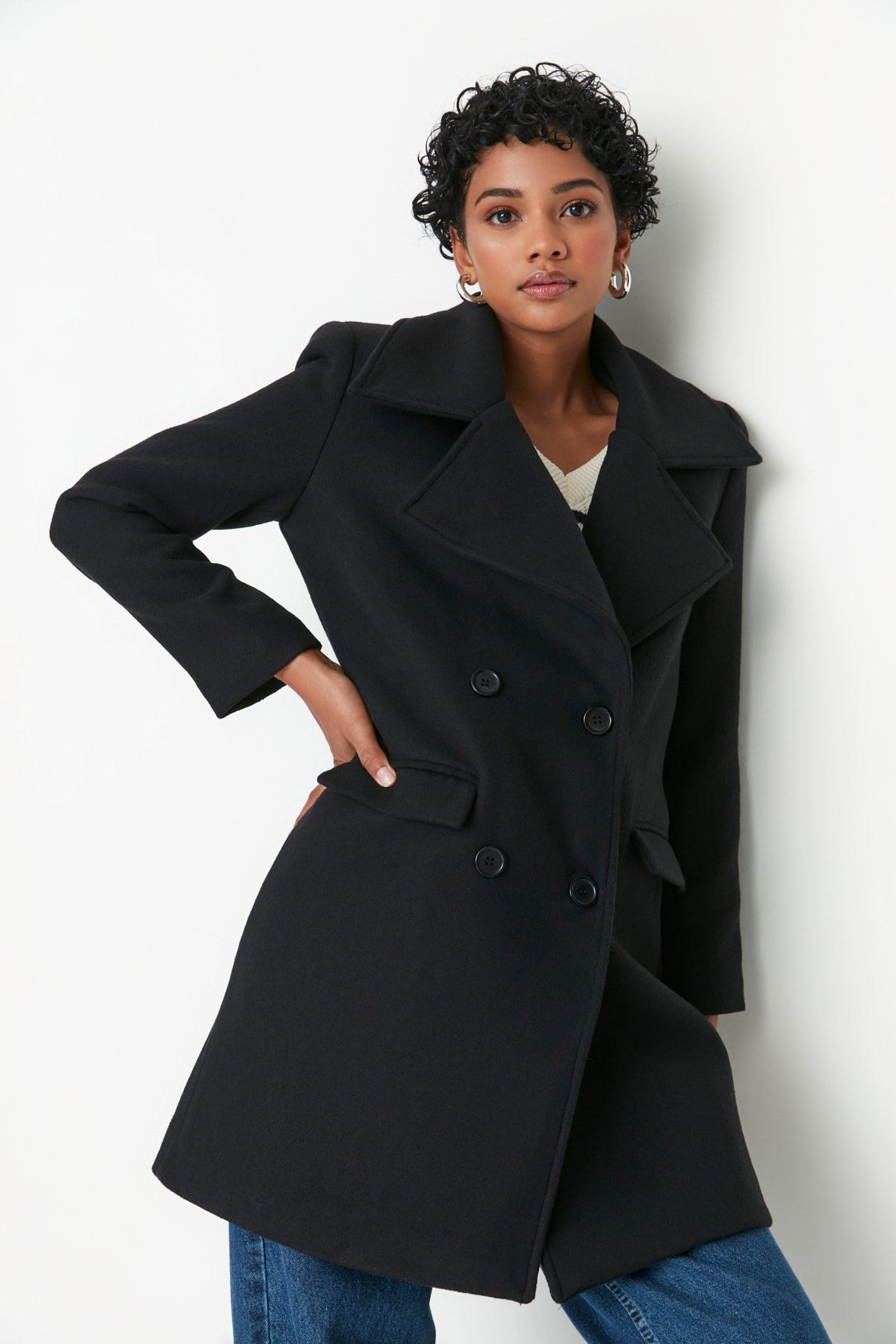 Black Button Closure Cashmere Coat Twoaw23kb00029