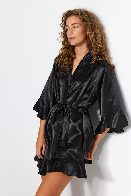 Black Flywheel Detailed Satin Woven Dressing Gown Thmaw24sb00010