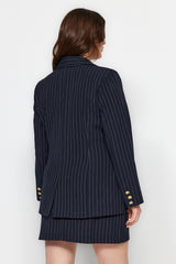 Navy Blue Striped Button Detailed Woven Jacket Tbbaw24ag00027