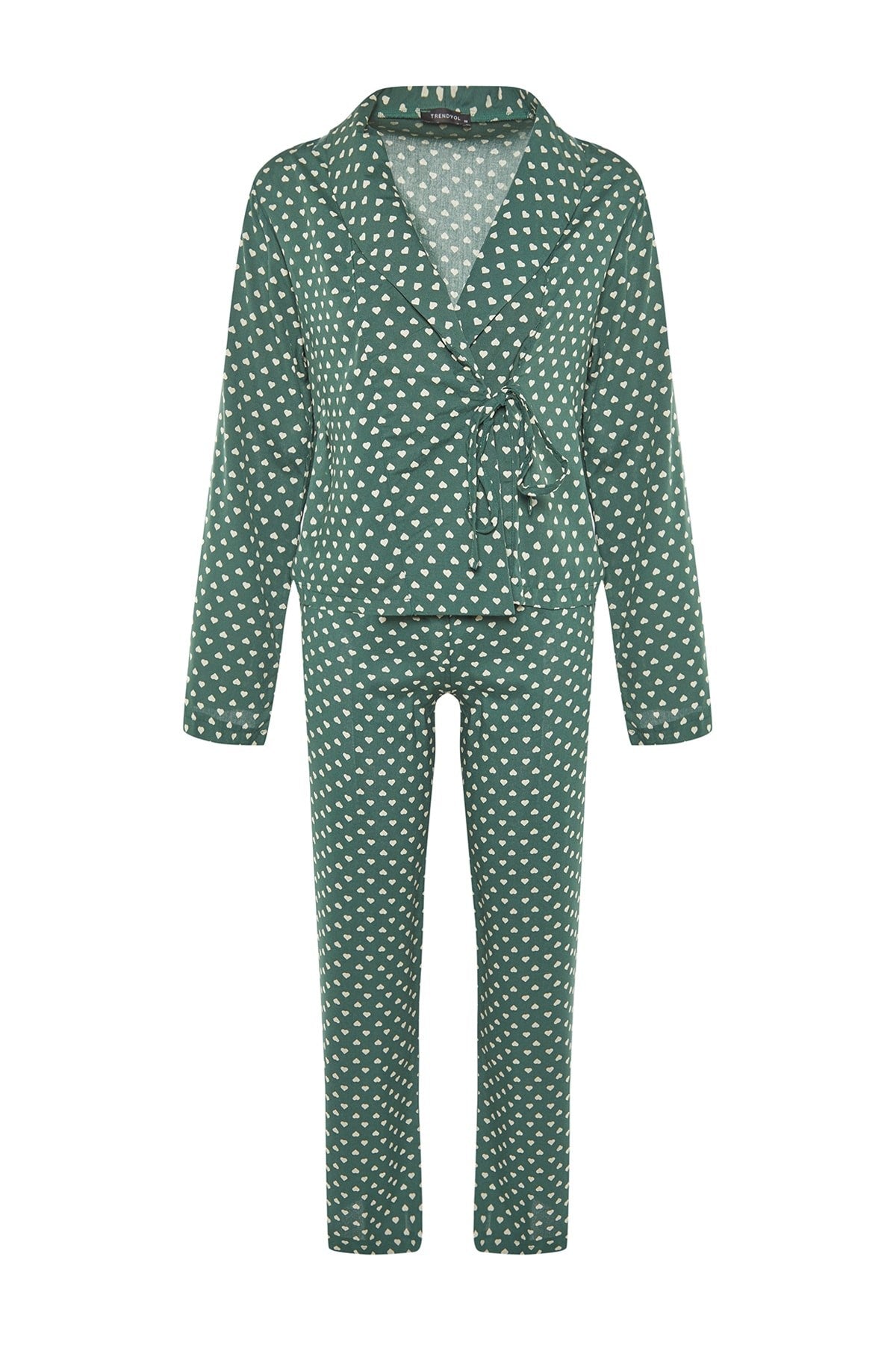 Powder Heart Pattern Drawstring Detailed Shirt-pants Woven Sleepwear Set Thmaw22pt0300