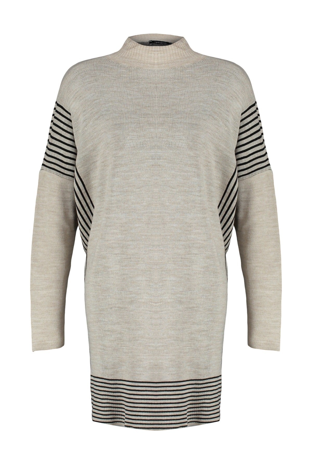 Beige Striped Knitwear Poncho Sweater Tctaw23kz00076