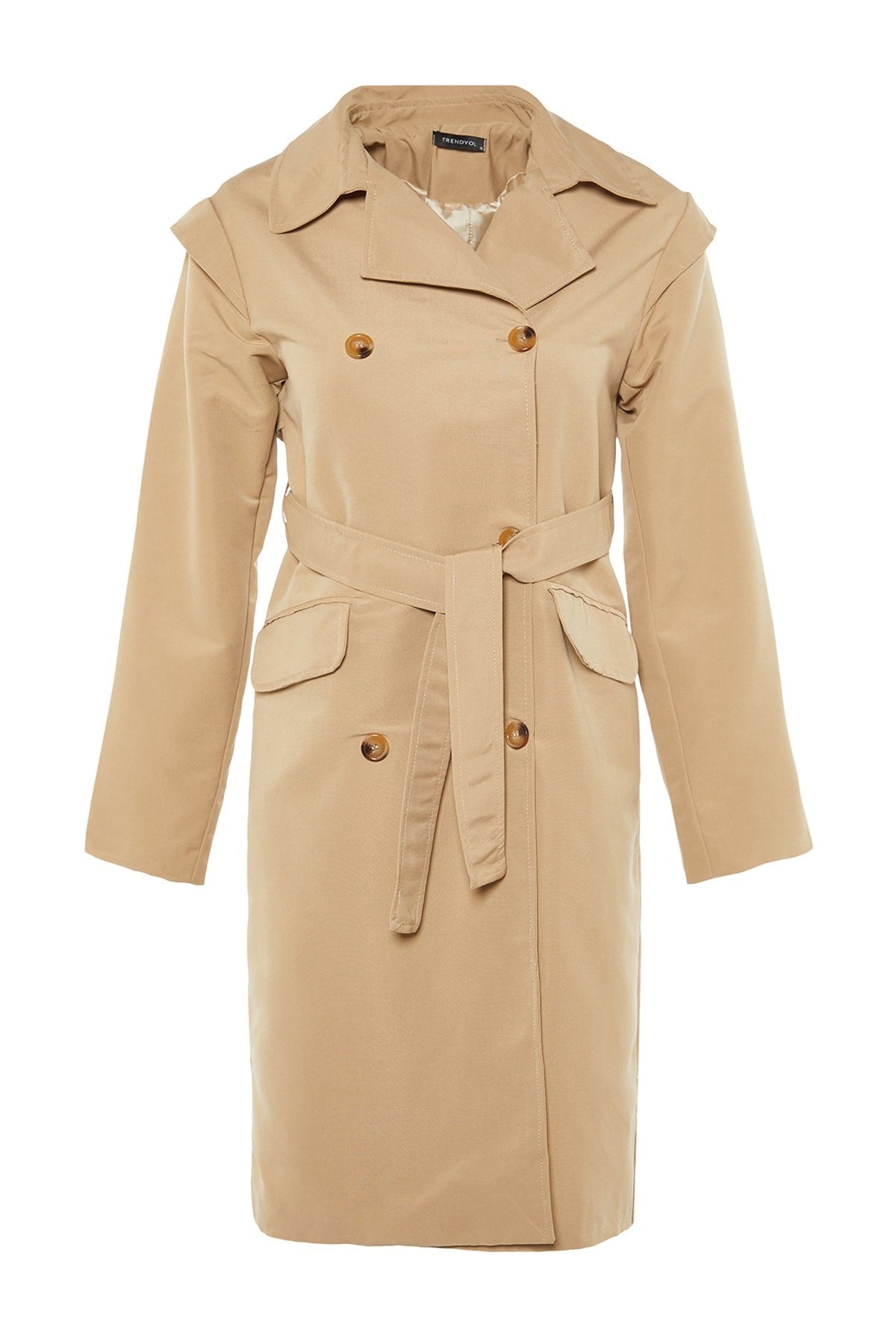 Beige Oversize Wide Cut Belted Water Repellent Long Trench Coat Twoaw22tr0010