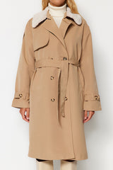 Beige Oversize Wide Cut Collar Plush Detailed Water Repellent Long Trench Coat Twoaw24tr00010