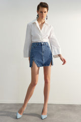 Limited Edition Blue Slit Mini Denim Skirt Twoss23et00347