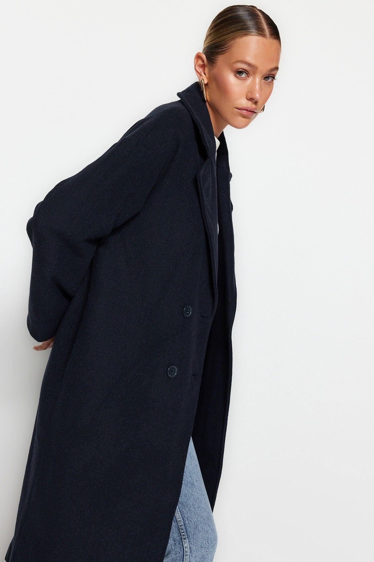 Anthracite Oversize Wide Cut Long Woolen Cashmere Coat Twoaw21kb0038