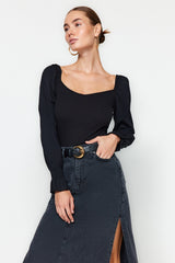 Black Ribbed Poplin Detailed Heart Neckline Fitted/body Fitting Flexible Knit Blouse Twoaw24bz00356