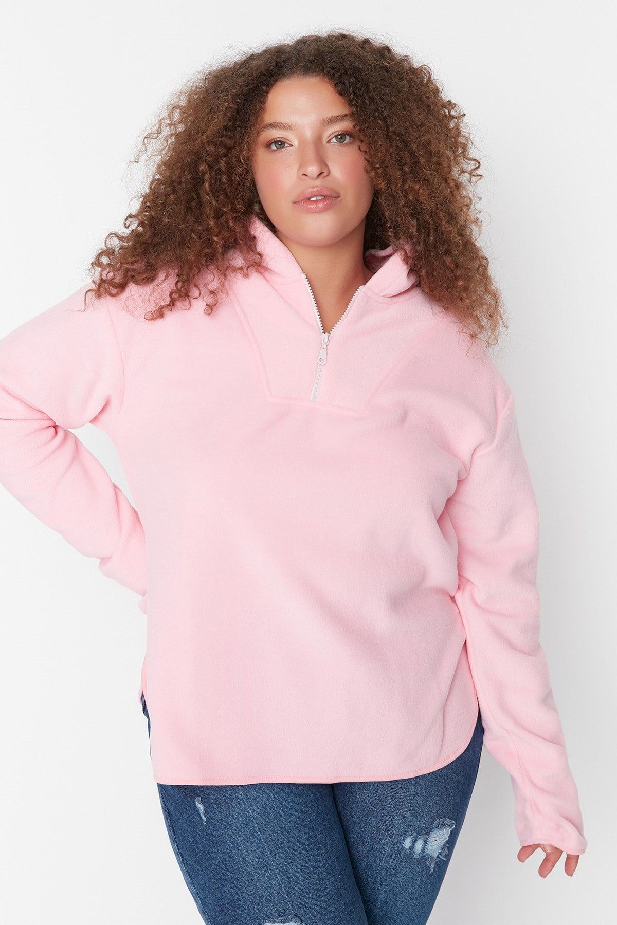 Pink Hooded Thick Fleece Knitted Sweatshirt Tbbaw23ao00064