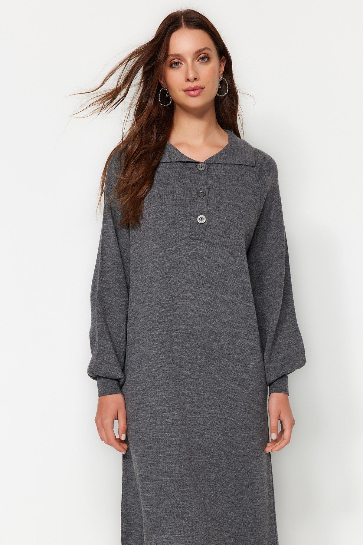 Anthracite Button Detailed Casual Pattern Knitwear Dress Tctaw24eb00125