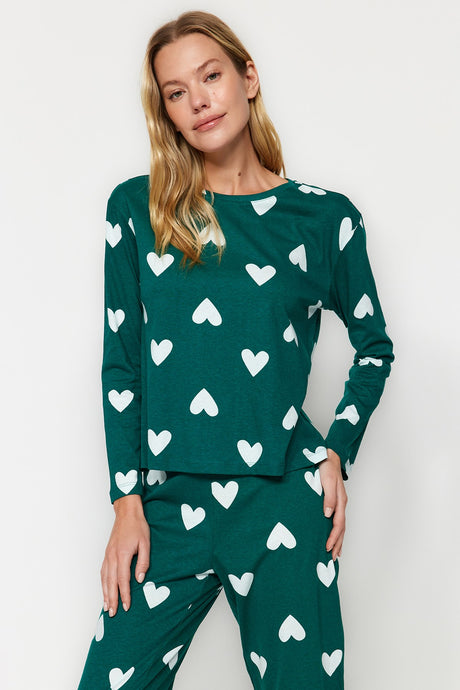 Emerald Green 100% Cotton Heart Pattern Tshirt-jogger Knitted Sleepwear Set Thmaw21pt0566