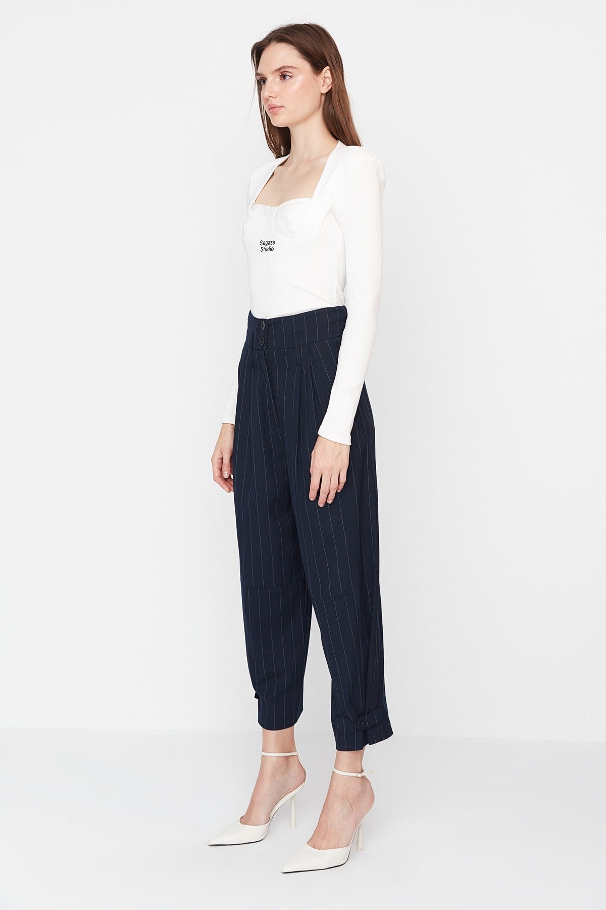 X Sagaza Studio Navy Blue Striped Leg Detailed Pants Tpraw23pl00039